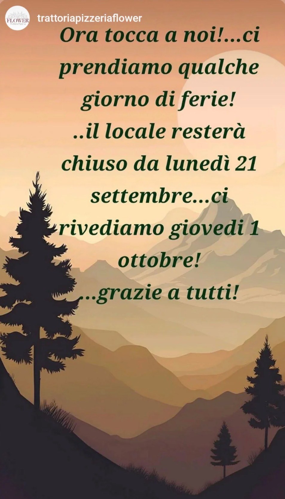 Chiusura per ferie dal 21 settembre, riapriamo giovedì 1 ottobre
